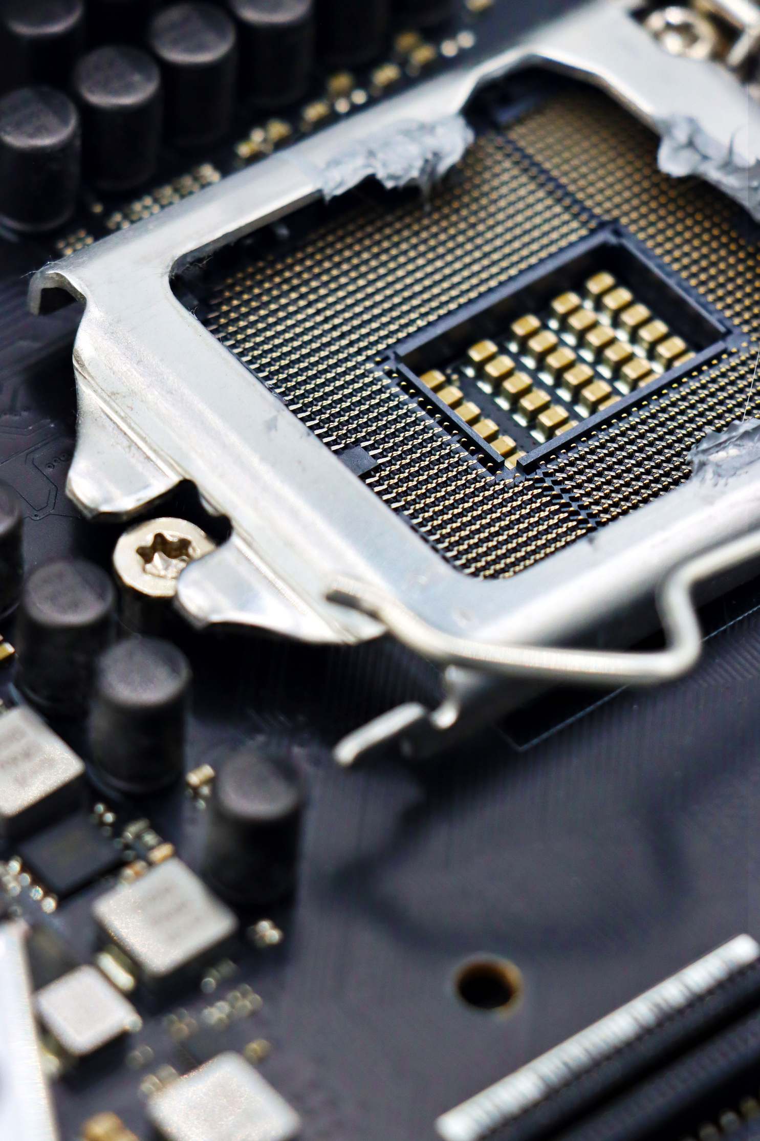 Close view of computer hardware components on a motherboard